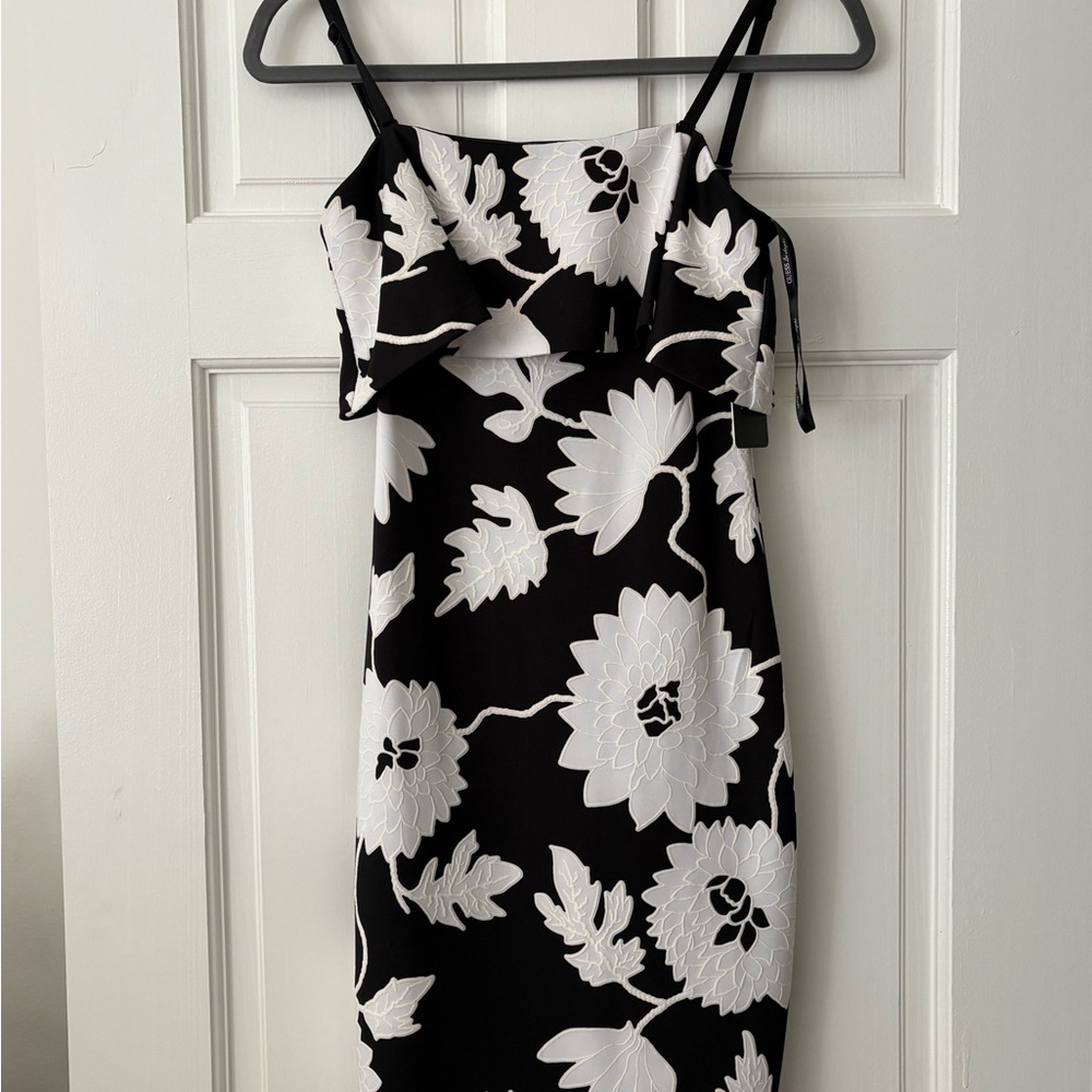 Guess Black and White Strapless Floral Dress